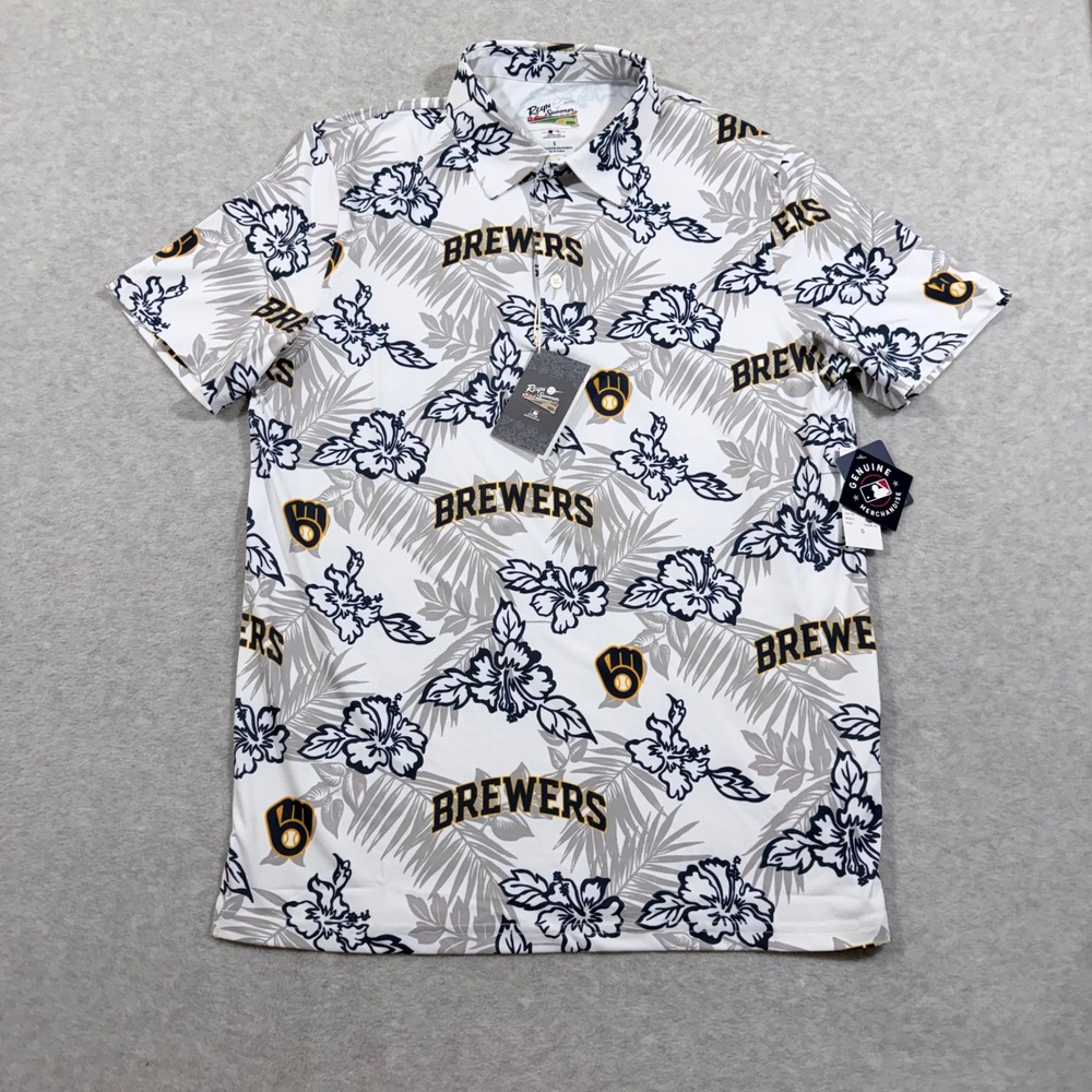 Reyn Spooner Milwaukee Brewers Polo Mens Small White NWT Floral Performance MLB